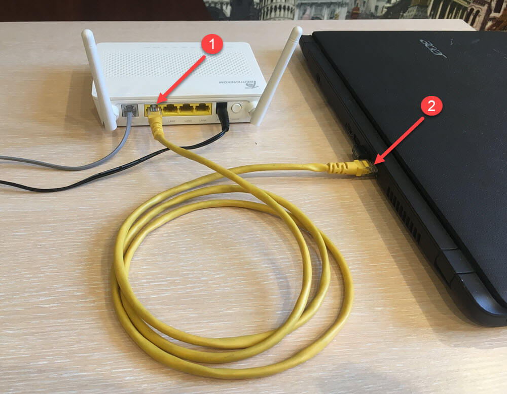 Проводное соединение через сетевой кабель модема Huawei EchoLife HG8245HV5 и ноутбука