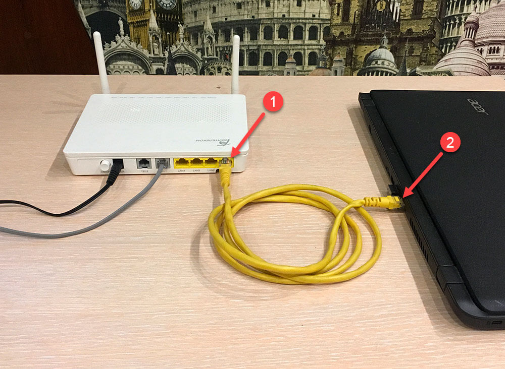 Проводное соединение через сетевой кабель модема Huawei EchoLife HG8245H-256M и ноутбука